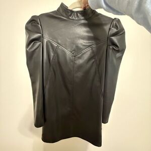 Black Faux Leather Puff Sleeve Dress